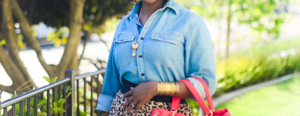 thrifted denim shirt and animal print maxi dress