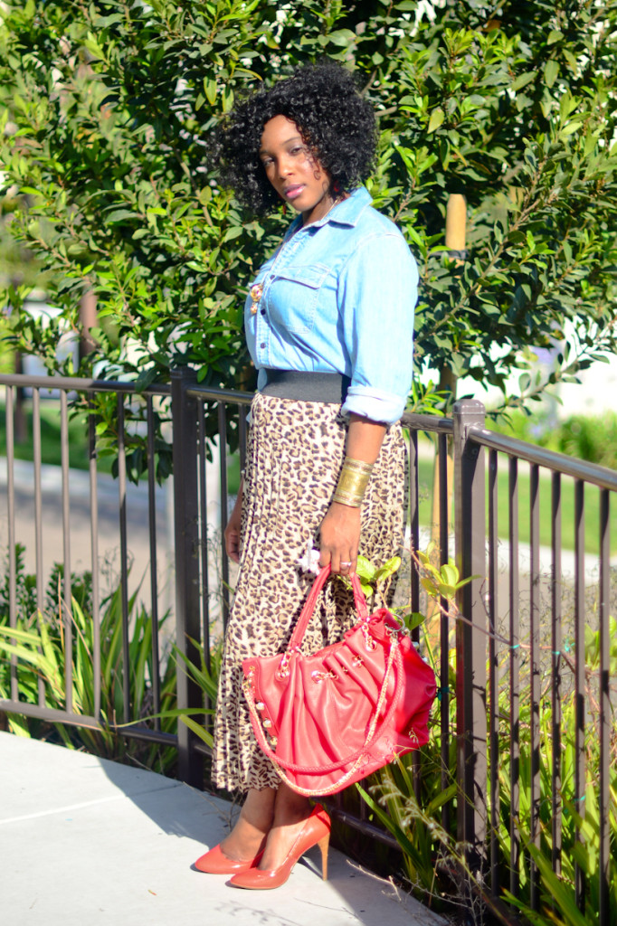 thrifted denim shirt and animal print maxi dress