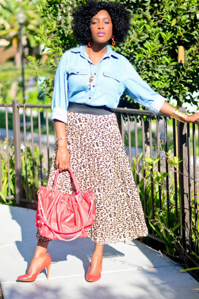 thrifted denim shirt and animal print maxi dress