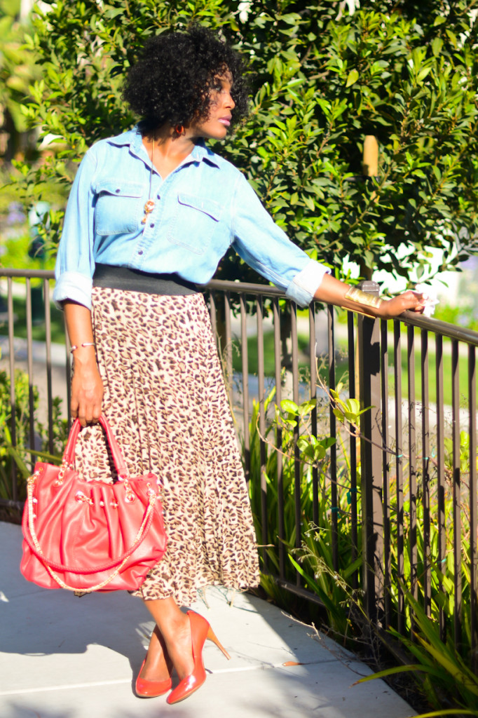 thrifted denim shirt and animal print maxi dress