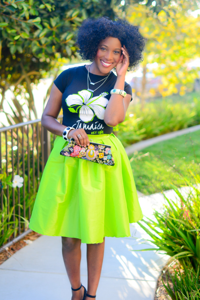 thrifted Jamaica tee and full neon skirt - thrifting diva