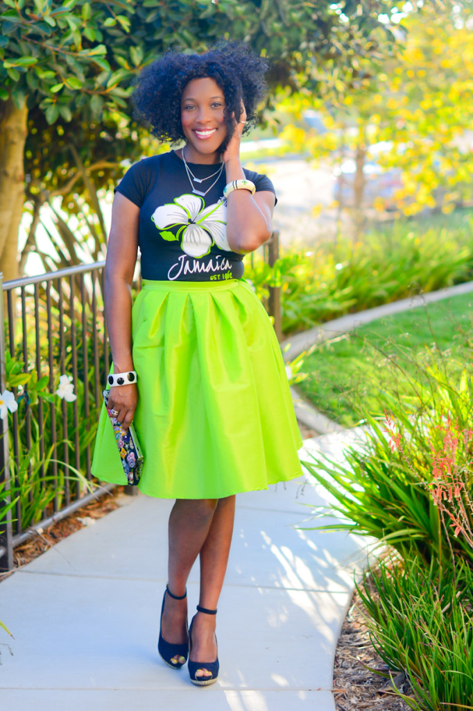 thrifted Jamaica tee and full neon skirt - thrifting diva
