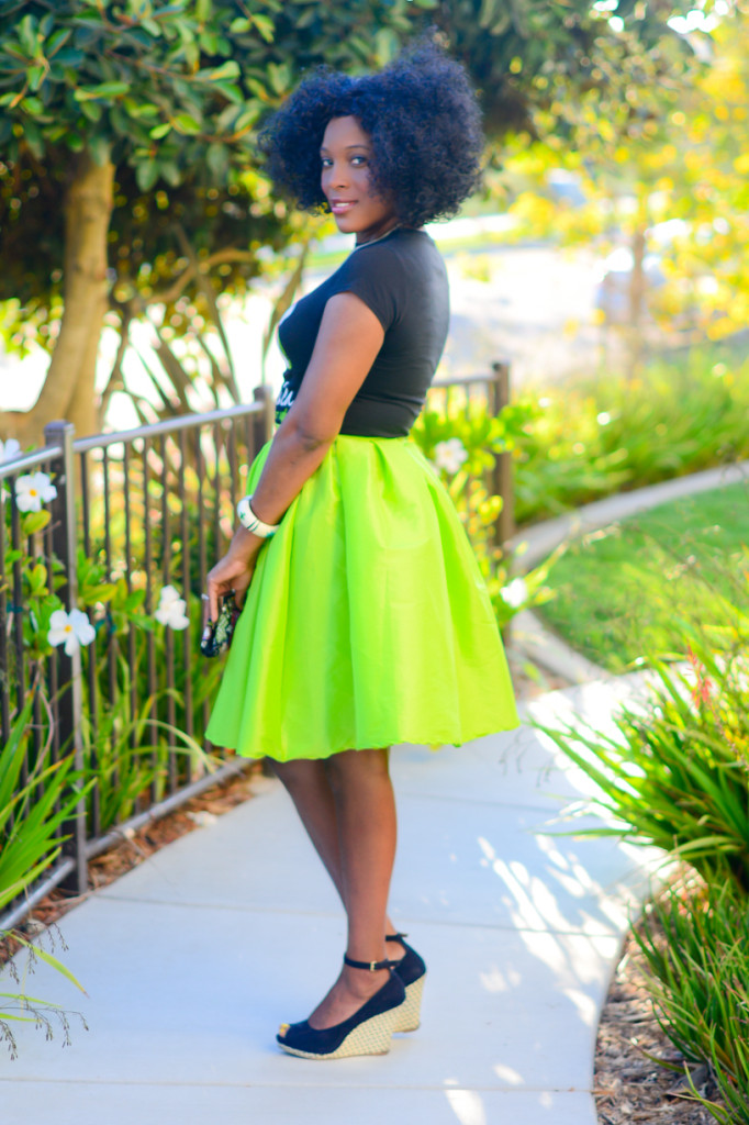 thrifted Jamaica tee and full neon skirt - thrifting diva