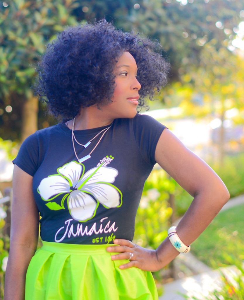 thrifted Jamaica tee and full neon skirt - thrifting diva