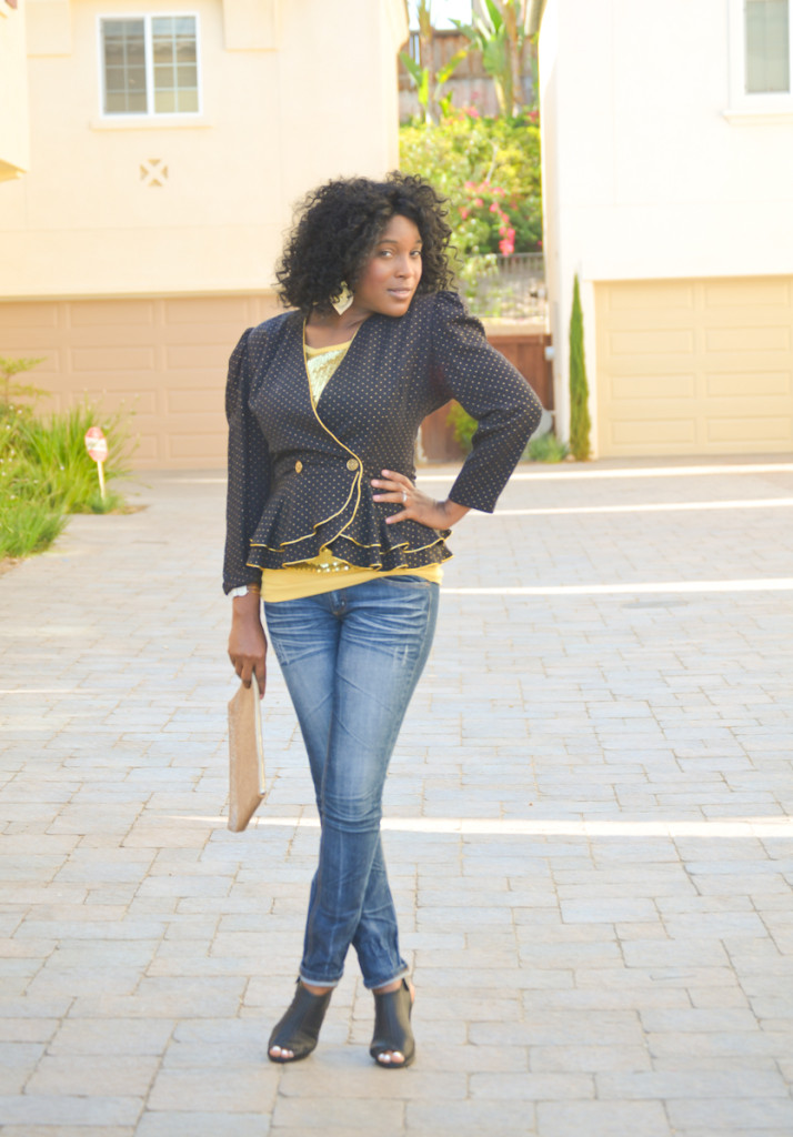 peplum vintage blazer paired with sequins - Thrifting Diva