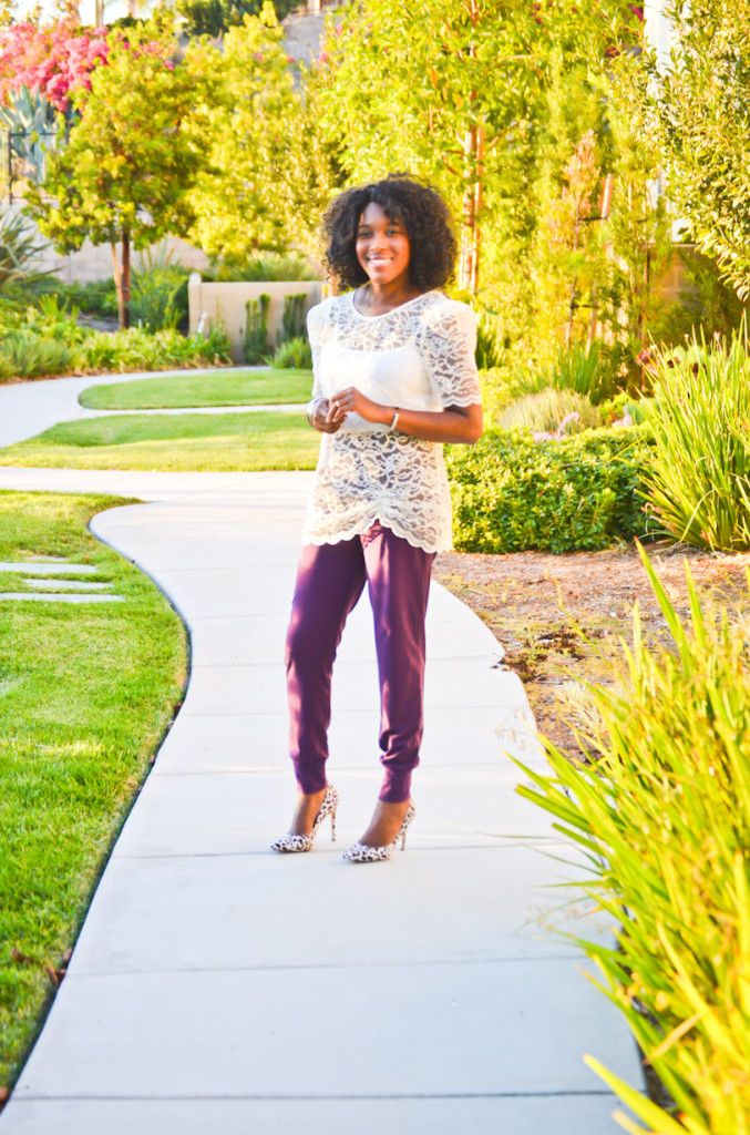 thrifted lace top with jogging pants and animal print - Thrifting Diva
