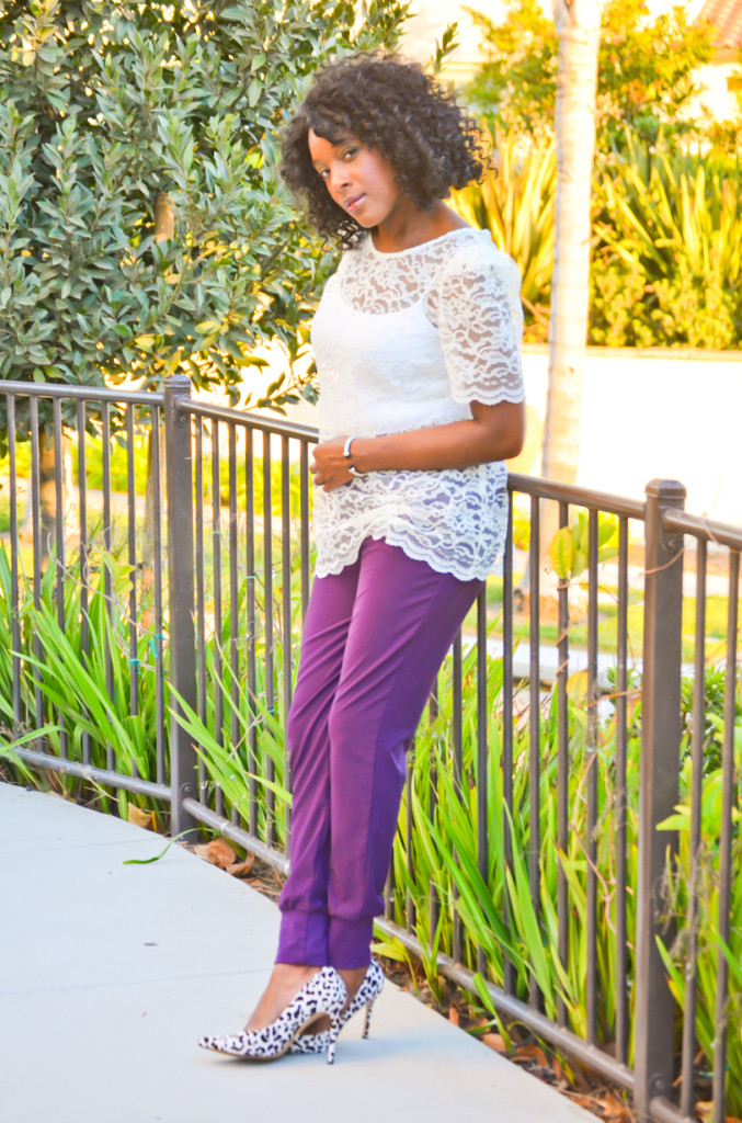 thrifted lace top with jogging pants and animal print - Thrifting Diva
