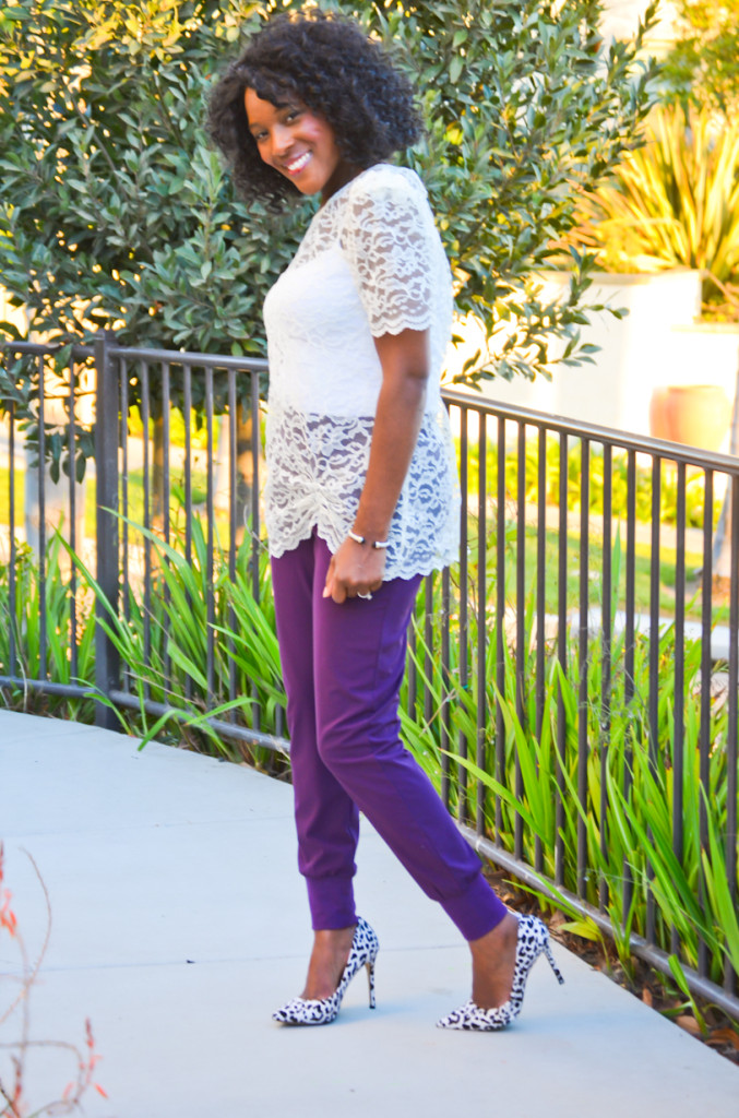 thrifted lace top with jogging pants and animal print - Thrifting Diva