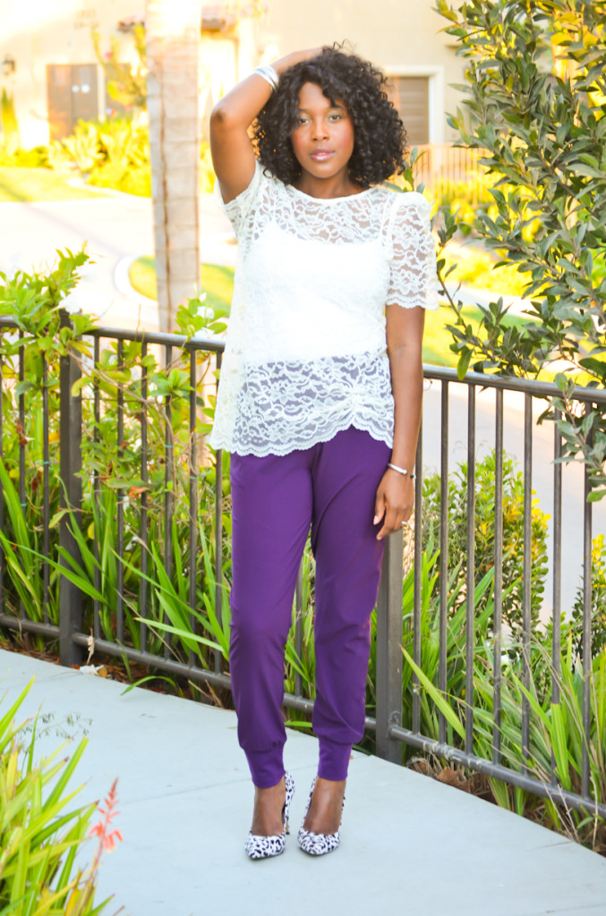 thrifted lace top with jogging pants and animal print - Thrifting Diva