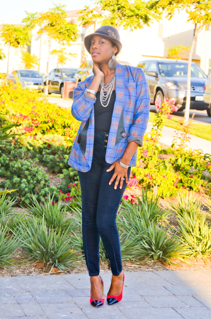 plaid blazer and fedora hat - Thrifting Diva
