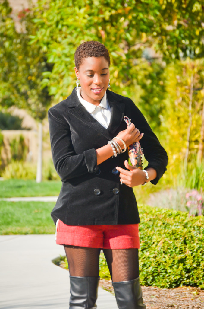 wool shorts, velvet blazer and over the knee boots - thrifting diva