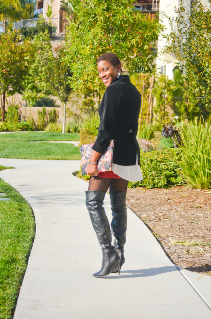 wool shorts, velvet blazer and over the knee boots - thrifting diva