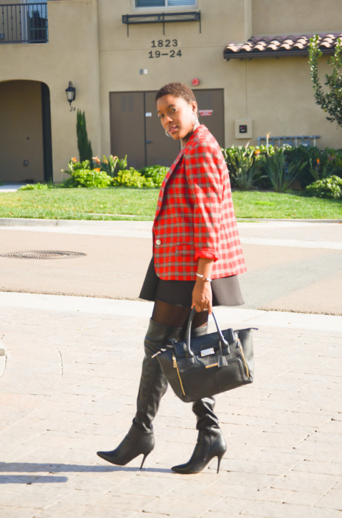 Plaid blazer- skater skirt - sheer bodysuit - over the knee boots - Thrifting Diva