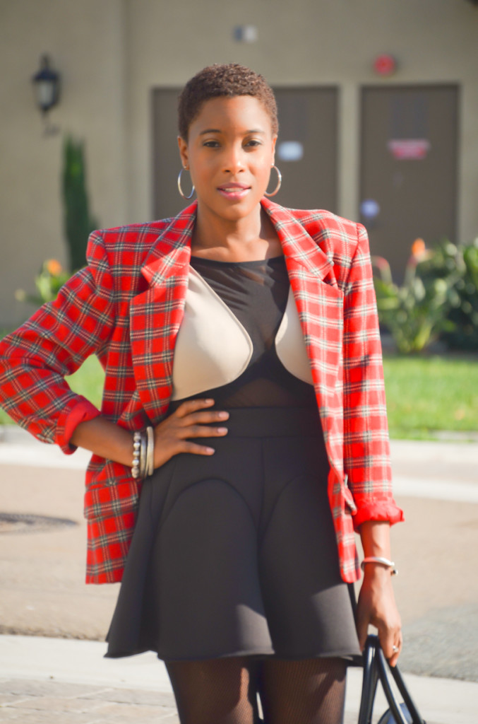 Plaid blazer- skater skirt - sheer bodysuit - over the knee boots - Thrifting Diva