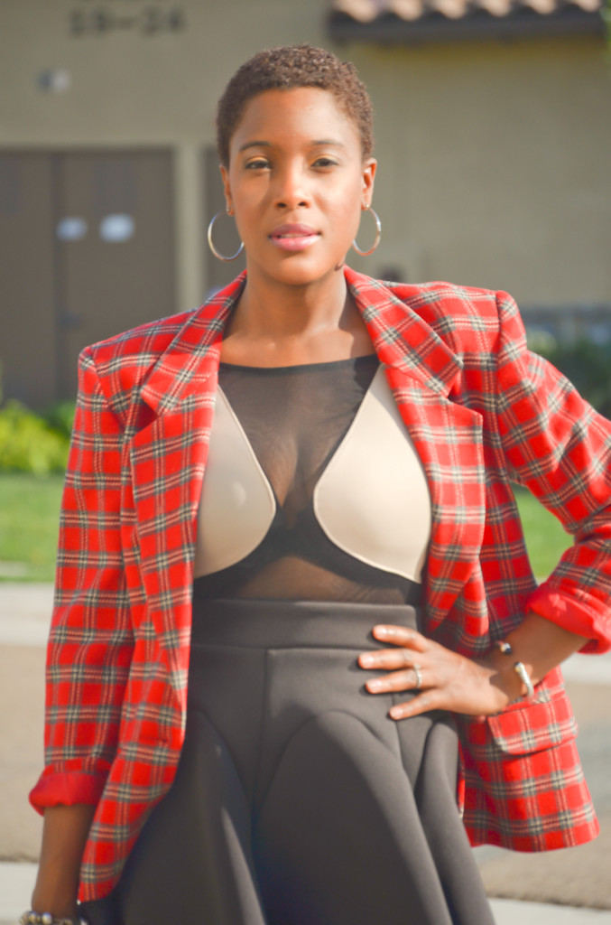 Plaid blazer- skater skirt - sheer bodysuit - over the knee boots - Thrifting Diva