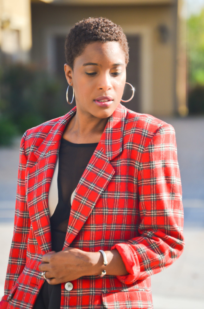 Plaid blazer- skater skirt - sheer bodysuit - over the knee boots - Thrifting Diva