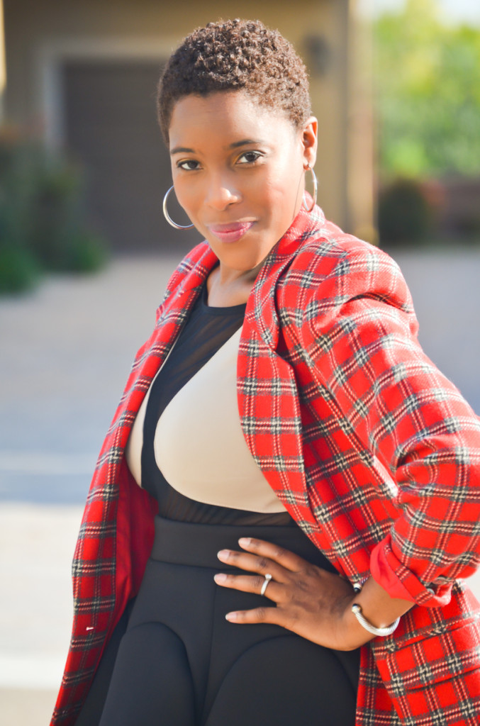 Plaid blazer- skater skirt - sheer bodysuit - over the knee boots - Thrifting Diva