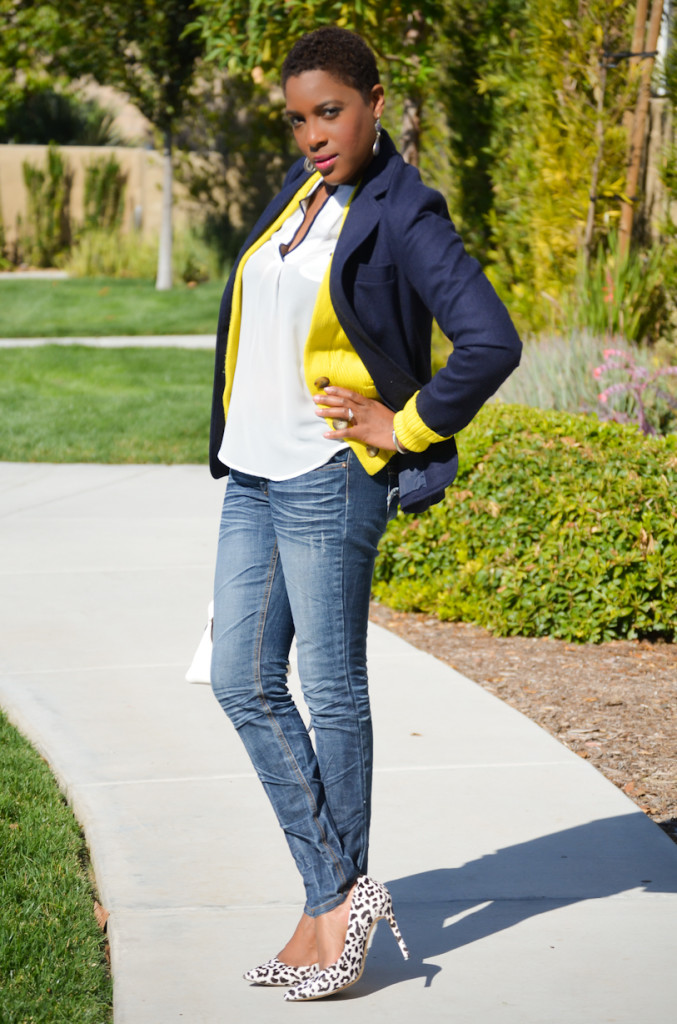 #navy blue blazer, #yellow cardigan, #skinny jeans, #animal print heels