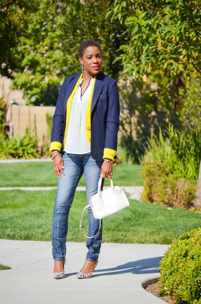 #navy blue blazer, #yellow cardigan, #skinny jeans, #animal print heels
