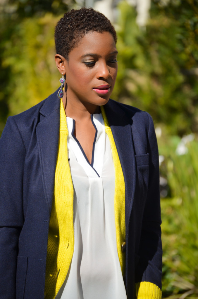#navy blue blazer, #yellow cardigan, #skinny jeans, #animal print heels