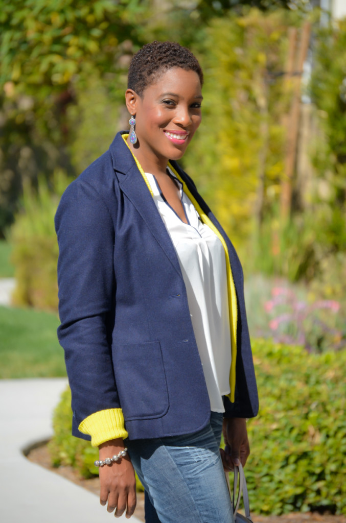 #navy blue blazer, #yellow cardigan, #skinny jeans, #animal print heels