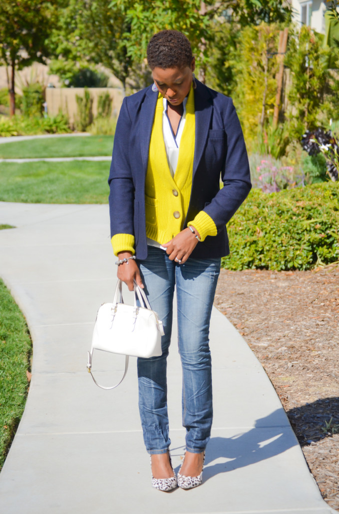 #navy blue blazer, #yellow cardigan, #skinny jeans, #animal print heels