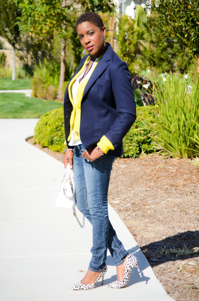 #navy blue blazer, #yellow cardigan, #skinny jeans, #animal print heels