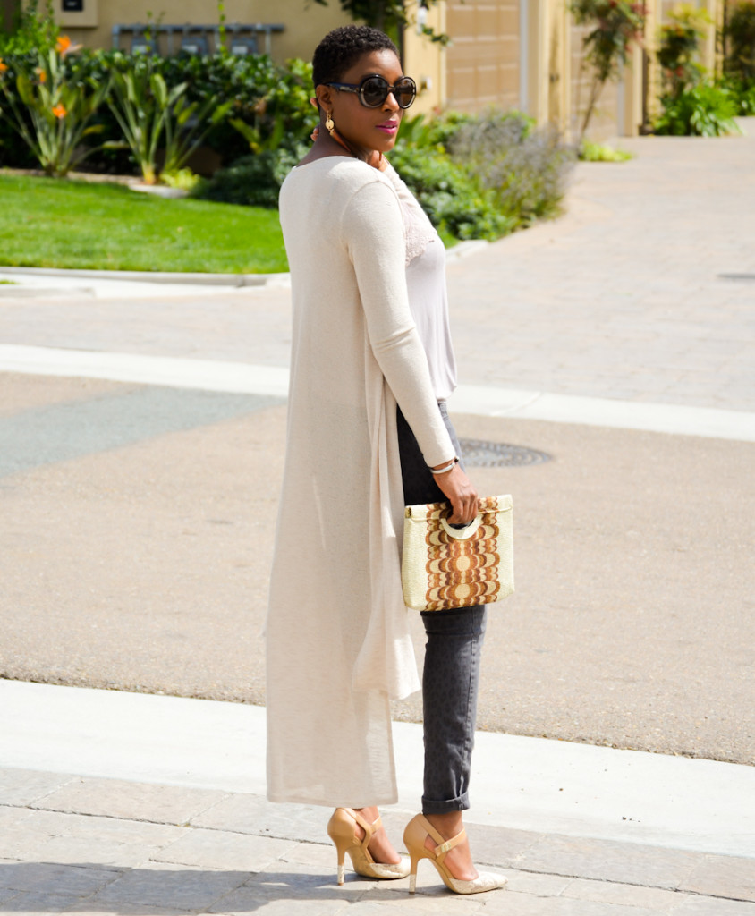 tan cardigan, grey pants and snakeskin heels - Thrifting Diva