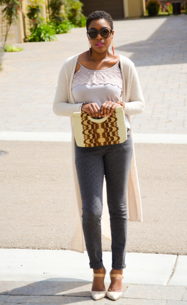 tan cardigan, grey pants and snakeskin heels - Thrifting Diva