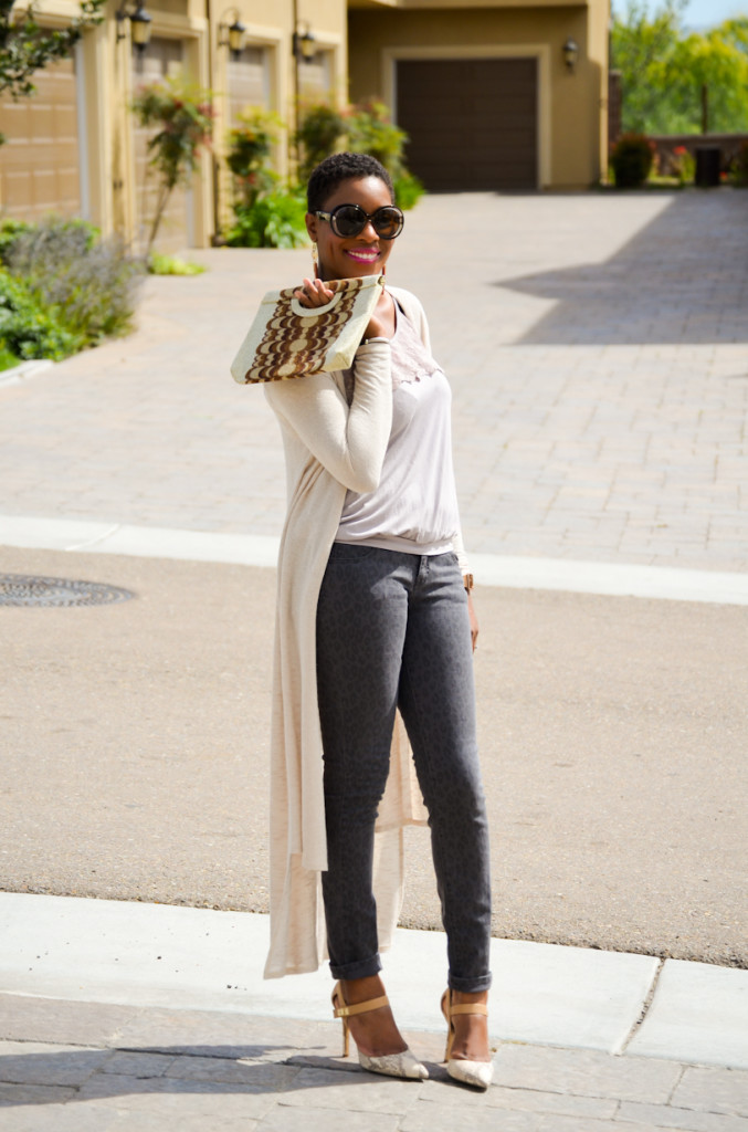 tan cardigan, grey pants and snakeskin heels - Thrifting Diva