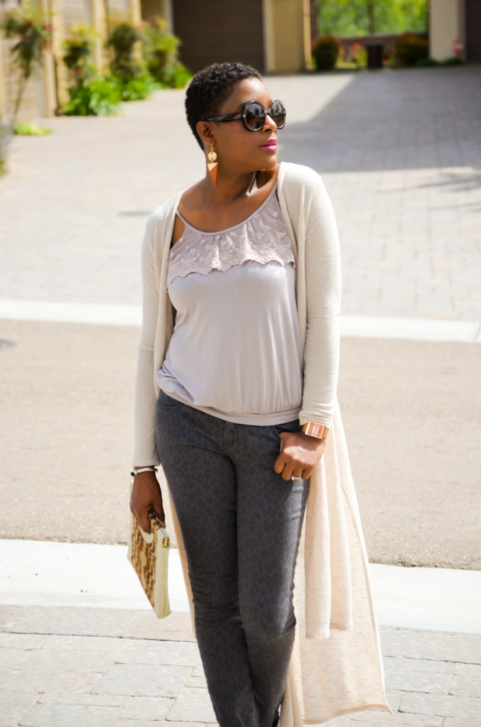 tan cardigan, grey pants and snakeskin heels - Thrifting Diva