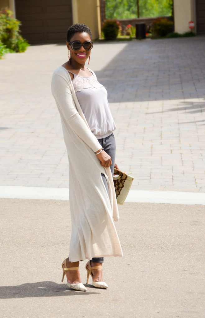 tan cardigan, grey pants and snakeskin heels - Thrifting Diva