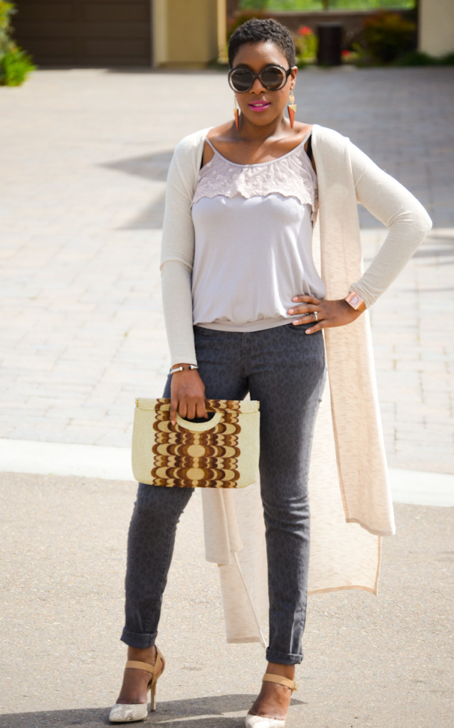 tan cardigan, grey pants and snakeskin heels - Thrifting Diva