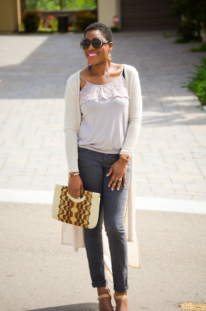 tan cardigan, grey pants and snakeskin heels - Thrifting Diva