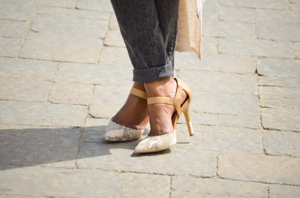 tan cardigan, grey pants and snakeskin heels - Thrifting Diva