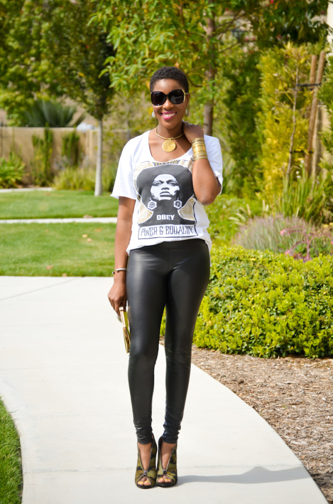 vegan leggings, thrifted graphic tee, and camo heels - Thrifting Diva