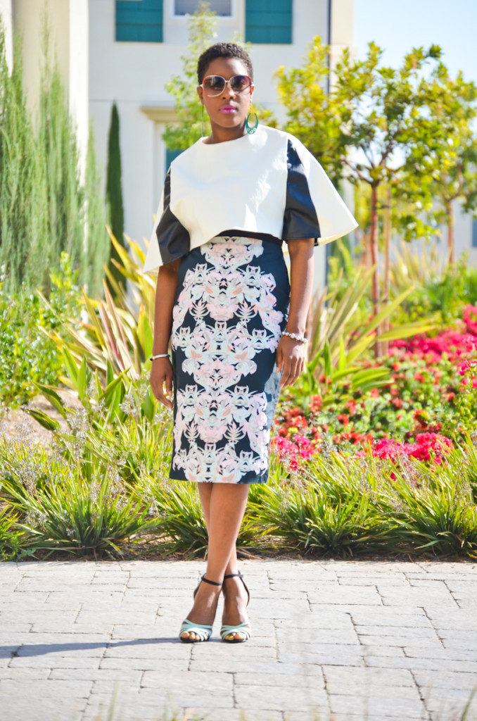 Pencil skirt and cape with strappy heels rom Los Angeles thrift stores.
