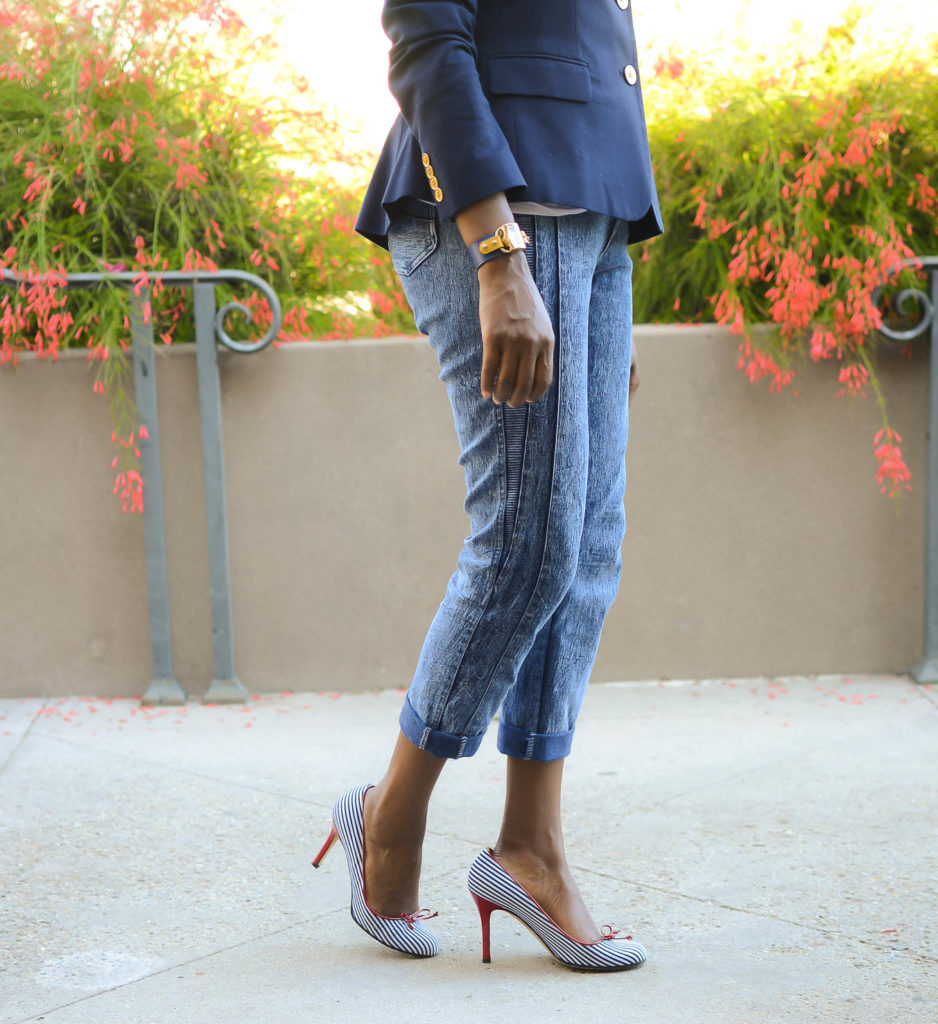 Navy Blazer and Kate Spade striped heels - Thrifting Diva